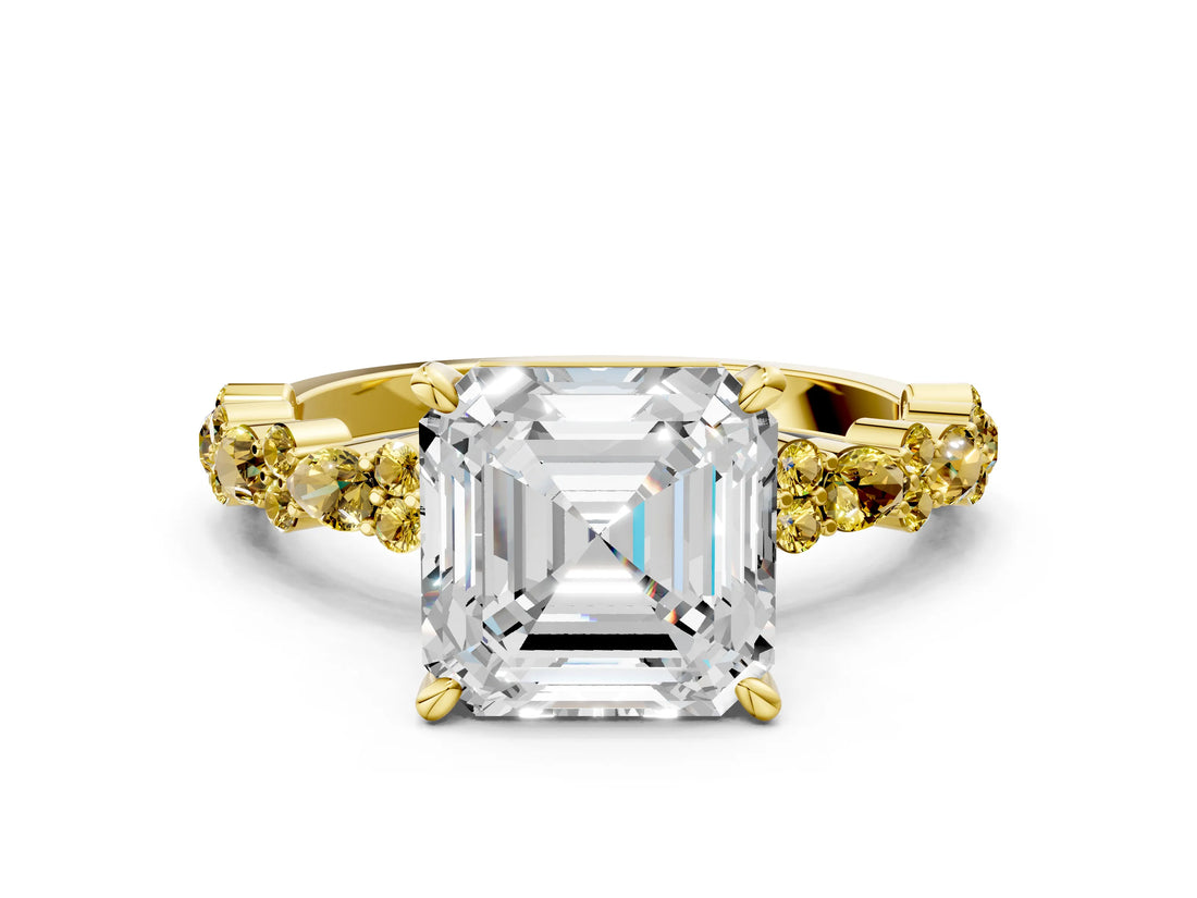 Yellow gold Asscher Cut Diamond Side Stone Solitaire Ring with Round with Yellow Sapphire side stone and Four-Prong Setting