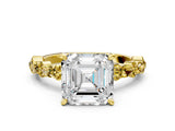 Yellow gold Asscher Cut Diamond Side Stone Solitaire Ring with Round with Yellow Sapphire side stone and Four-Prong Setting
