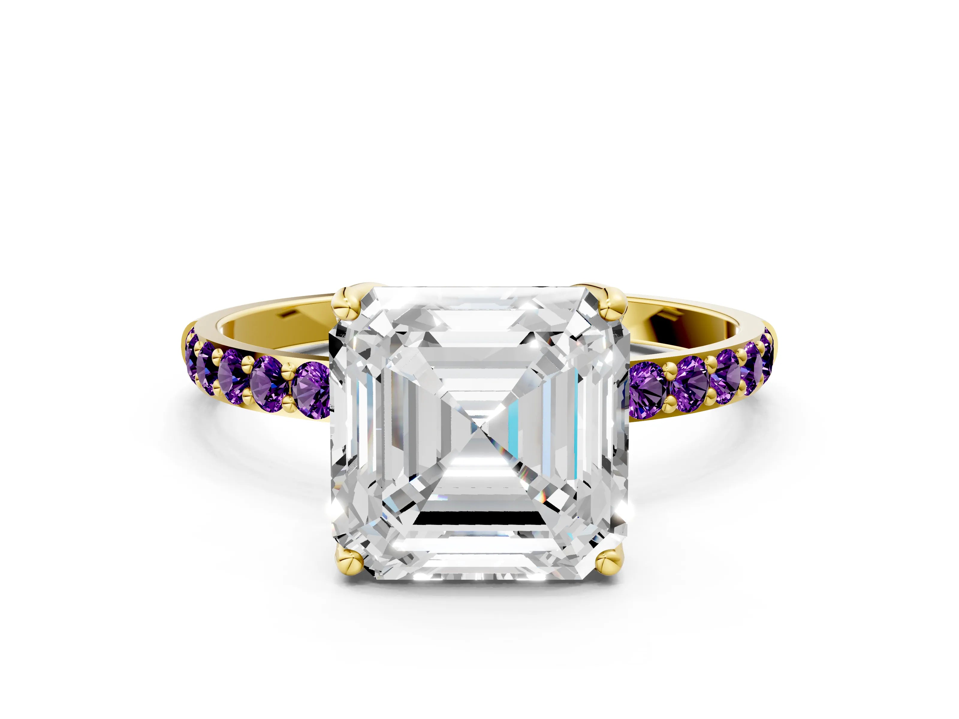 Yellow gold Asscher Cut Diamond Solitaire Engagement Ring with Round with Amethyst side stone Pavé Band and Prong Setting