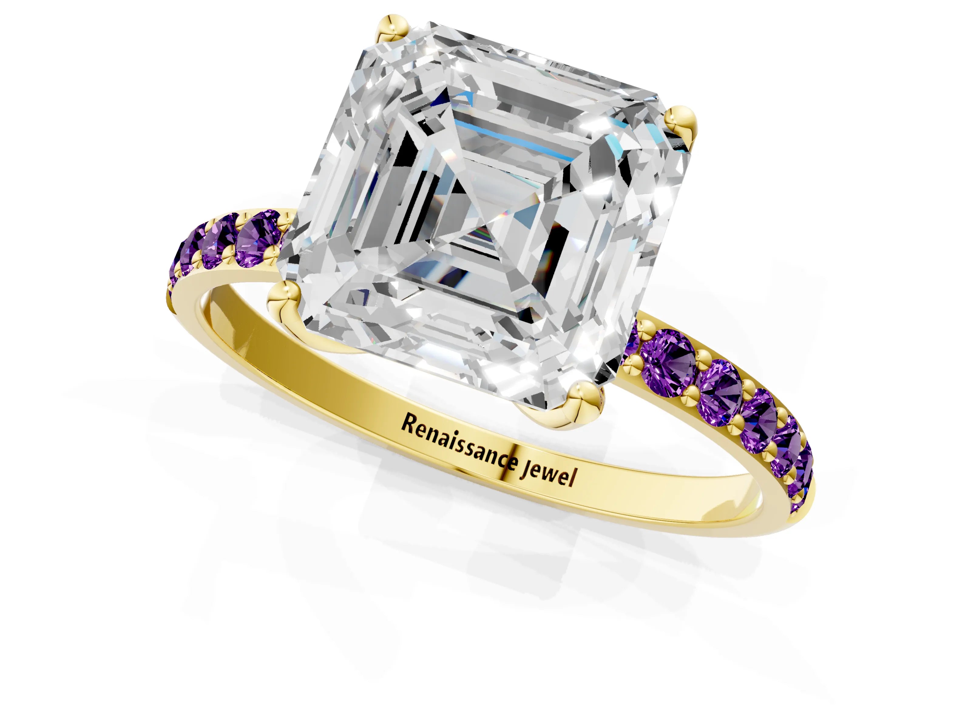 Yellow gold Asscher Cut Diamond Solitaire Engagement Ring with Round with Amethyst side stone Pavé Band and Prong Setting_1