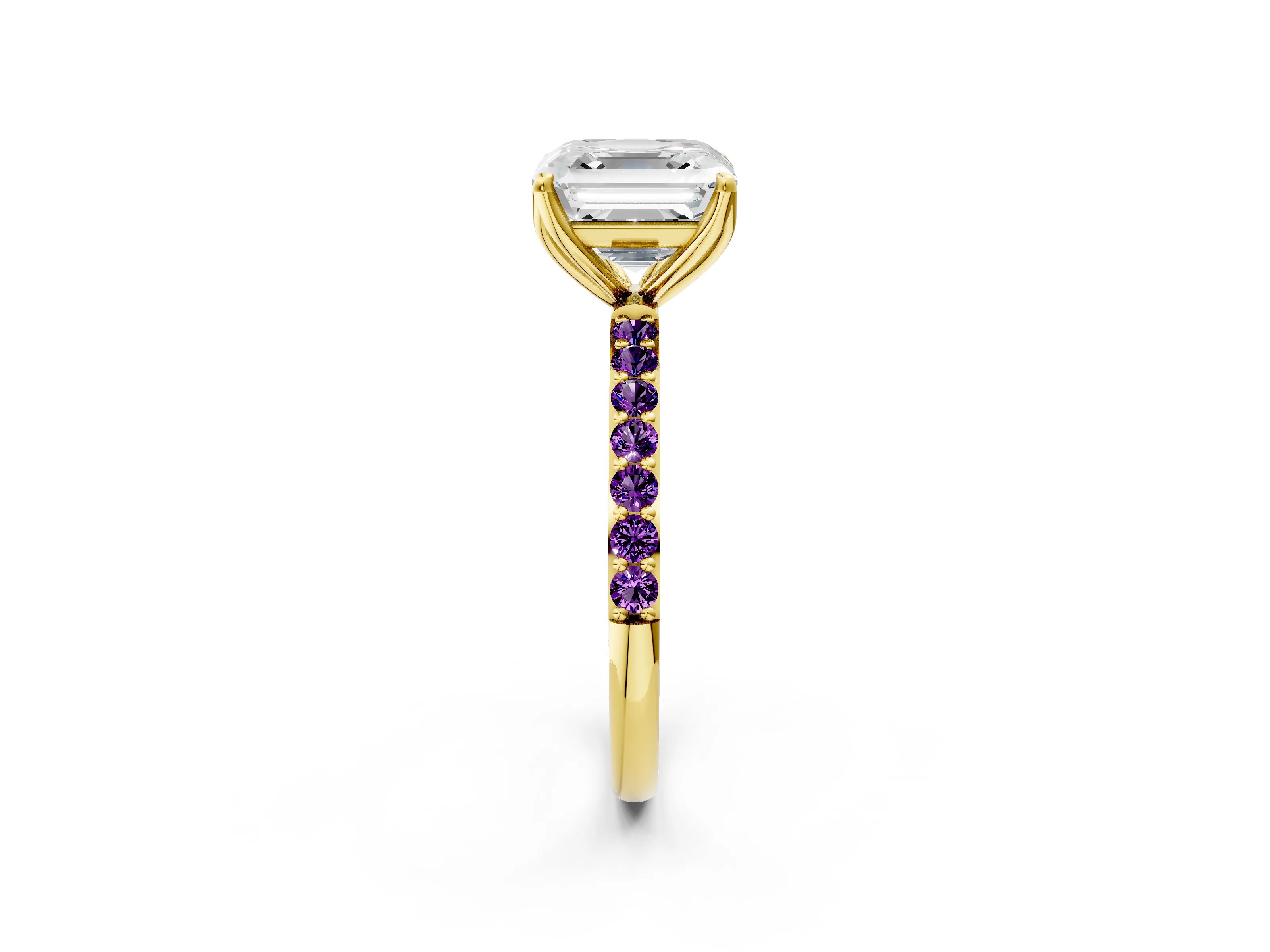 Yellow gold Asscher Cut Diamond Solitaire Engagement Ring with Round with Amethyst side stone Pavé Band and Prong Setting_2