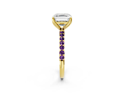 Yellow gold Asscher Cut Diamond Solitaire Engagement Ring with Round with Amethyst side stone Pavé Band and Prong Setting_2
