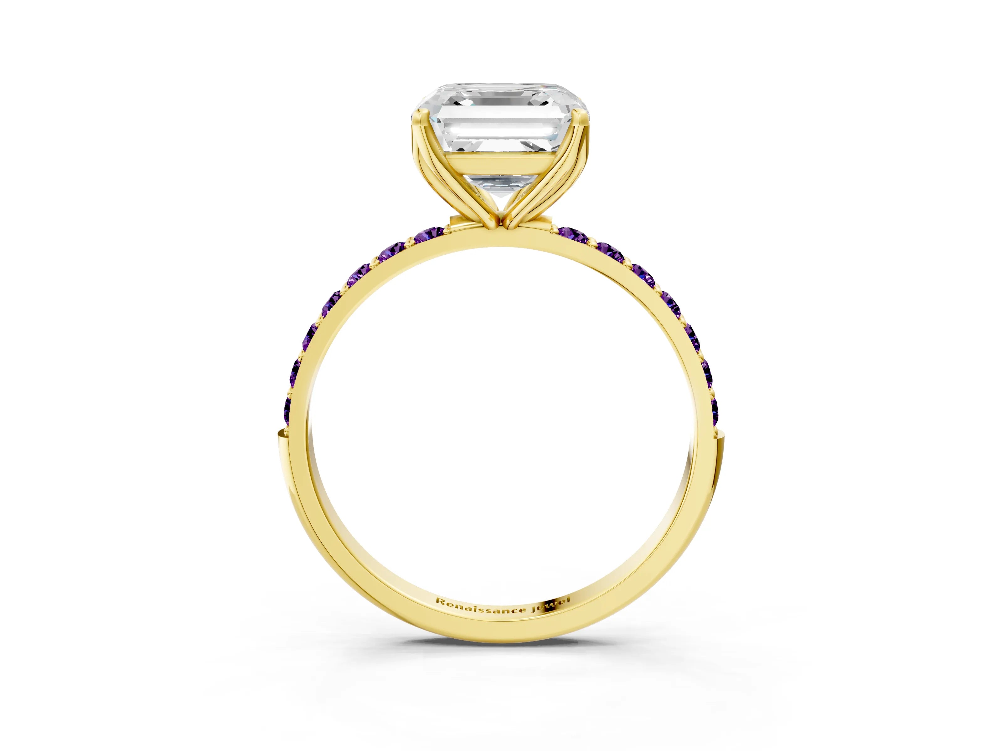 Yellow gold Asscher Cut Diamond Solitaire Engagement Ring with Round with Amethyst side stone Pavé Band and Prong Setting_3