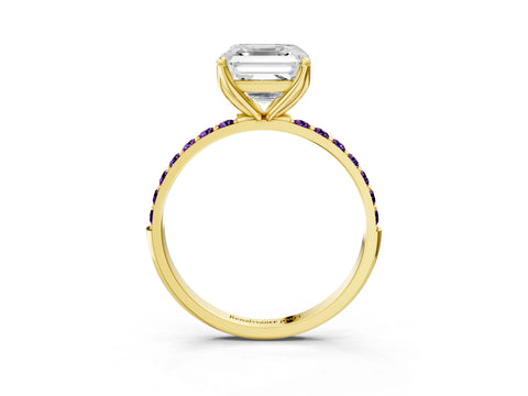 Yellow gold Asscher Cut Diamond Solitaire Engagement Ring with Round with Amethyst side stone Pavé Band and Prong Setting_3