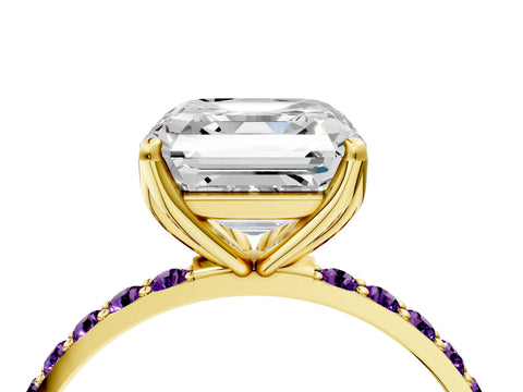 Yellow gold Asscher Cut Diamond Solitaire Engagement Ring with Round with Amethyst side stone Pavé Band and Prong Setting_4