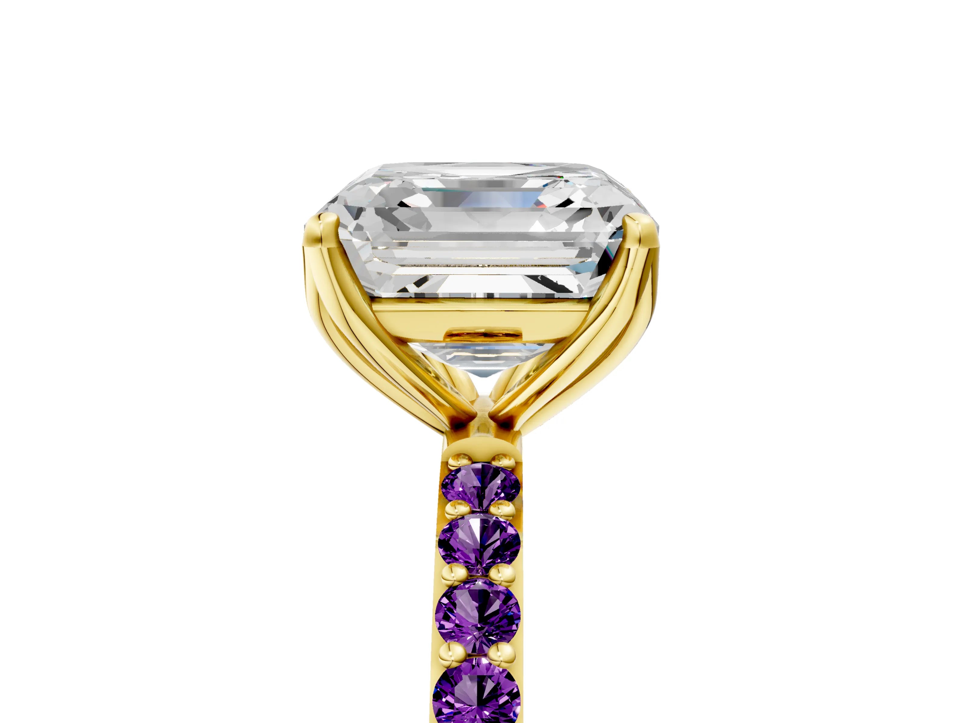 Yellow gold Asscher Cut Diamond Solitaire Engagement Ring with Round with Amethyst side stone Pavé Band and Prong Setting_5