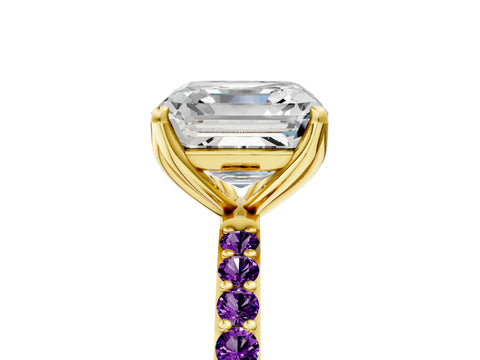 Yellow gold Asscher Cut Diamond Solitaire Engagement Ring with Round with Amethyst side stone Pavé Band and Prong Setting_5