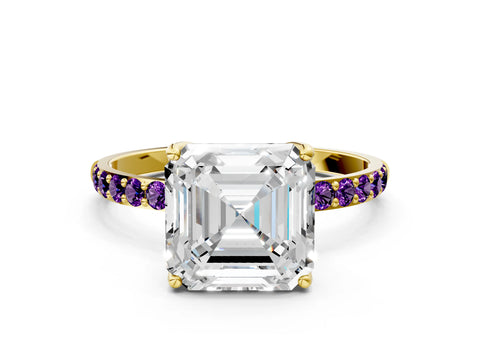 Yellow gold Asscher Cut Diamond Solitaire Engagement Ring with Round with Amethyst side stone Pavé Band and Prong Setting