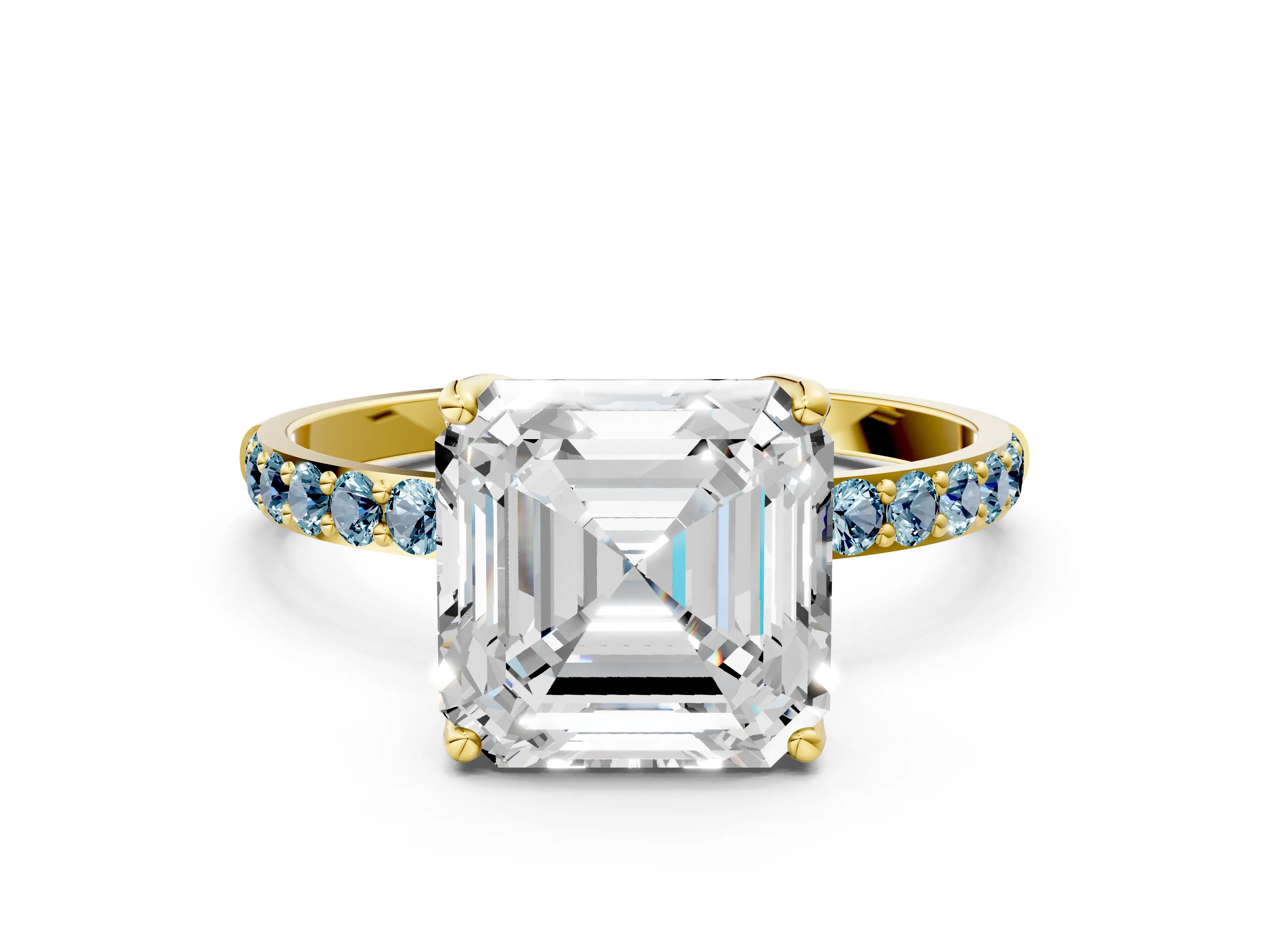 Yellow gold Asscher Cut Diamond Solitaire Engagement Ring with Round with Aquamarine side stone Pavé Band and Prong Setting