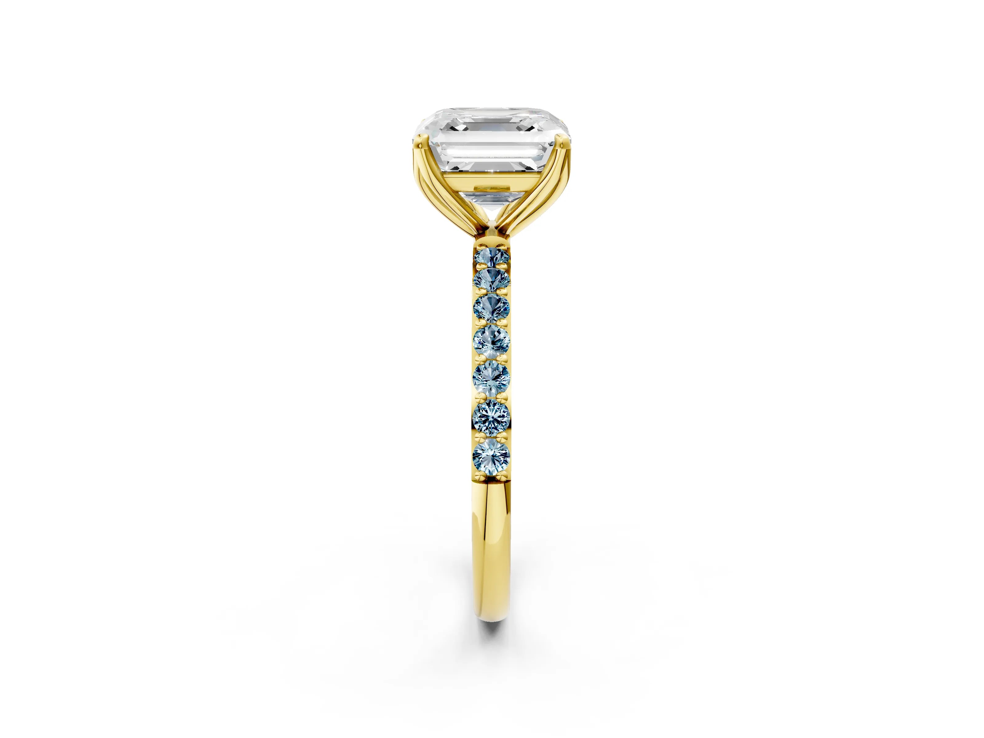 Yellow gold Asscher Cut Diamond Solitaire Engagement Ring with Round with Aquamarine side stone Pavé Band and Prong Setting_2