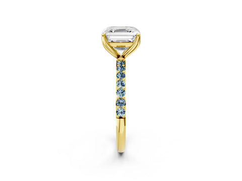 Yellow gold Asscher Cut Diamond Solitaire Engagement Ring with Round with Aquamarine side stone Pavé Band and Prong Setting_2