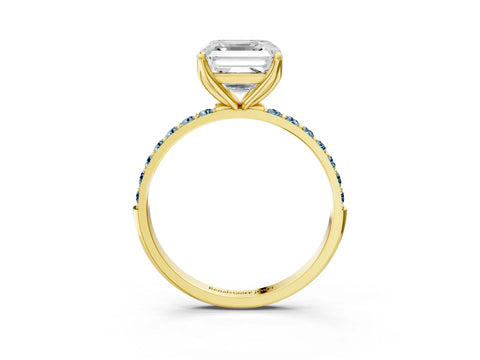 Yellow gold Asscher Cut Diamond Solitaire Engagement Ring with Round with Aquamarine side stone Pavé Band and Prong Setting_3