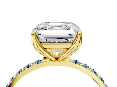Yellow gold Asscher Cut Diamond Solitaire Engagement Ring with Round with Aquamarine side stone Pavé Band and Prong Setting_4
