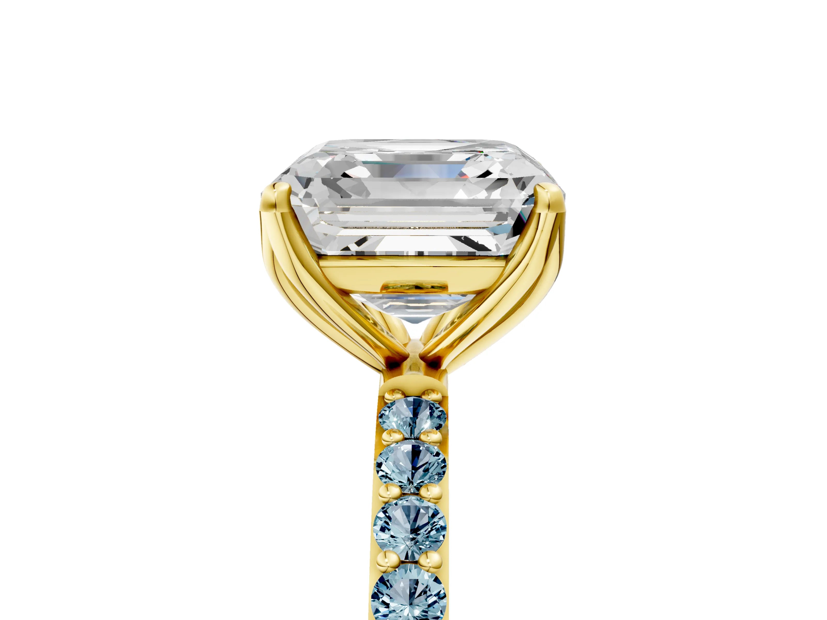Yellow gold Asscher Cut Diamond Solitaire Engagement Ring with Round with Aquamarine side stone Pavé Band and Prong Setting_5