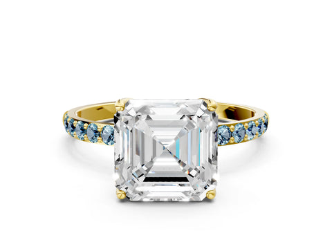Yellow gold Asscher Cut Diamond Solitaire Engagement Ring with Round with Aquamarine side stone Pavé Band and Prong Setting