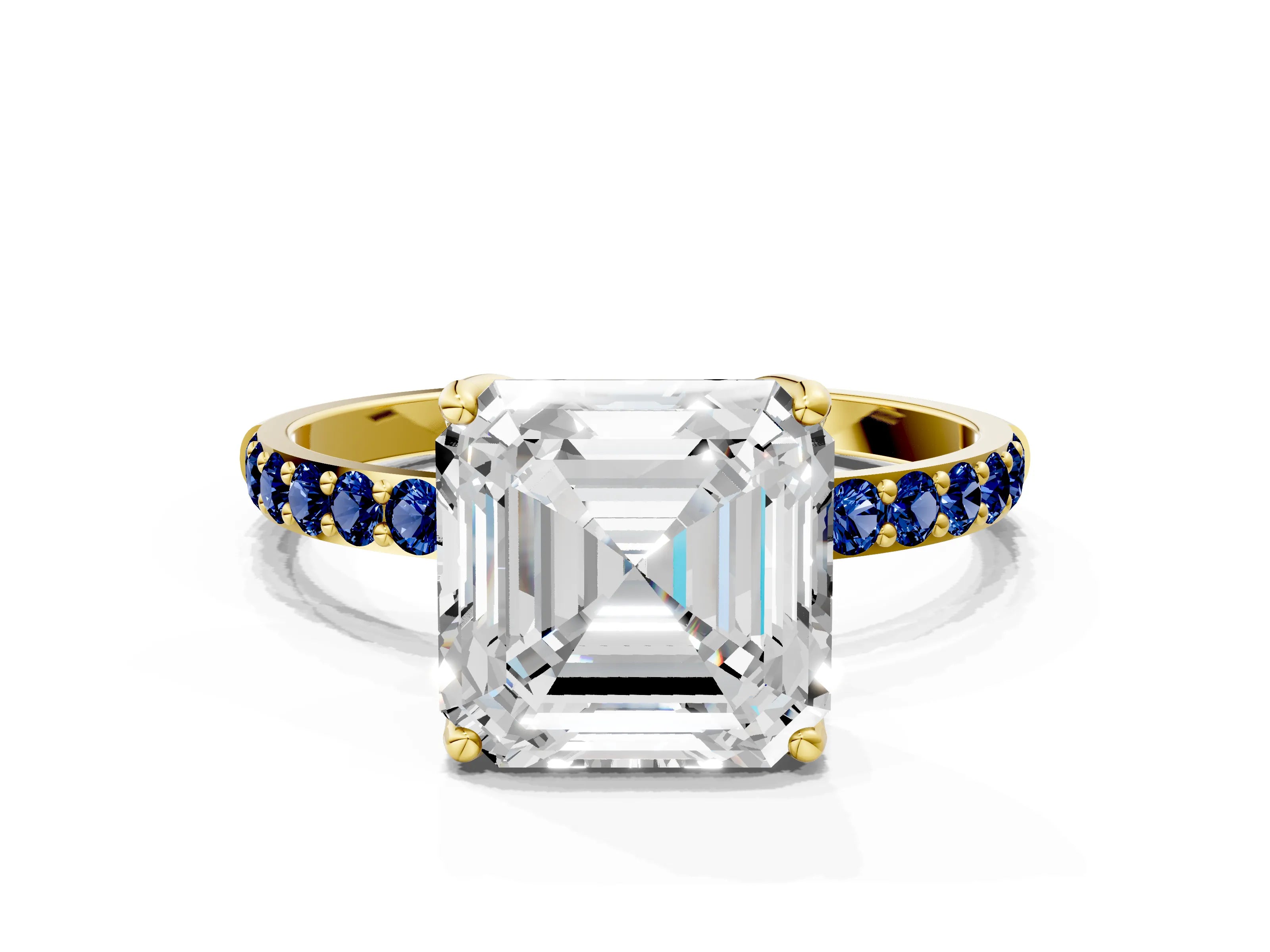 Yellow gold Asscher Cut Diamond Solitaire Engagement Ring with Round with Blue Sapphire side stone Pavé Band and Prong Setting