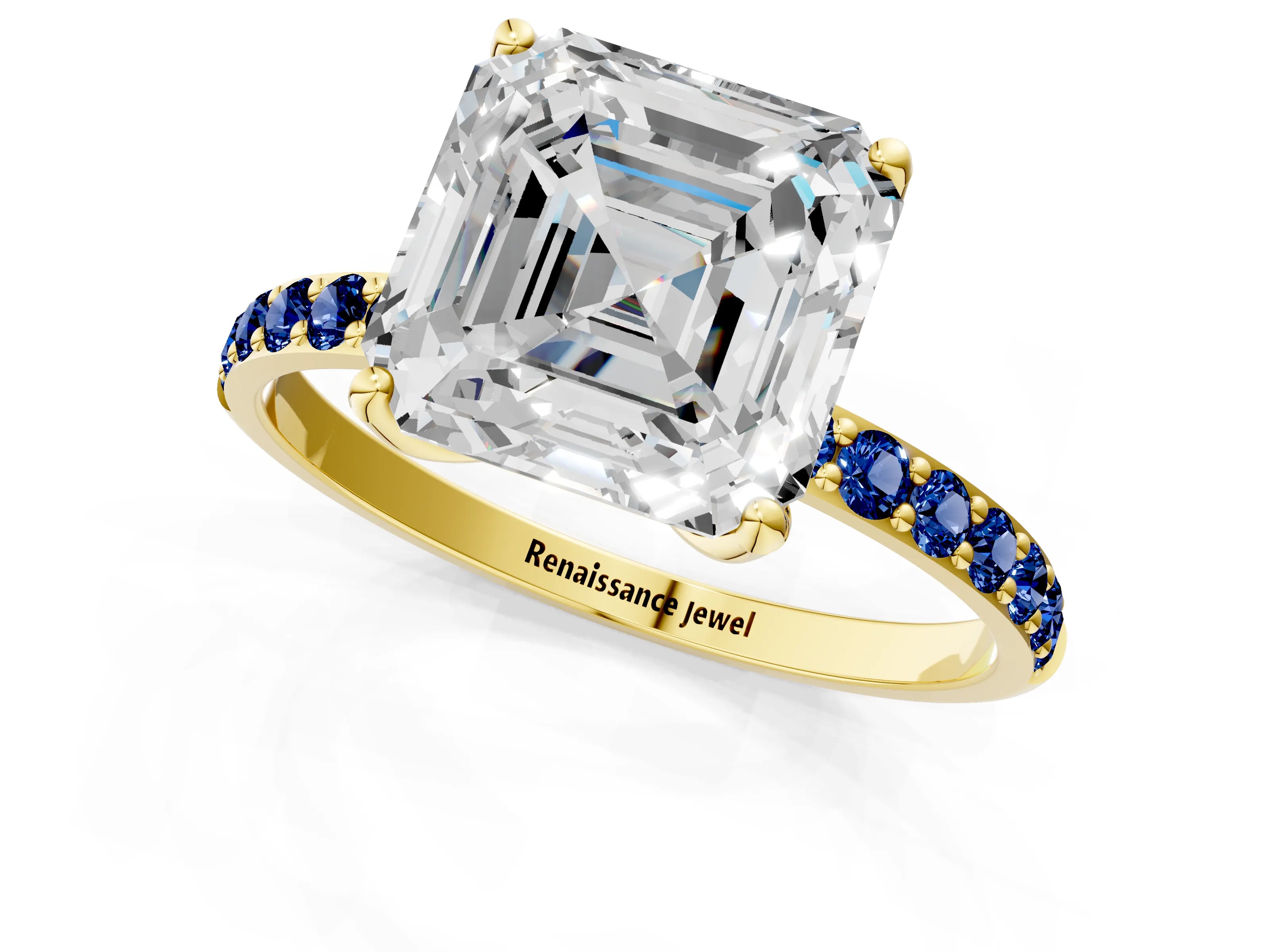 Yellow gold Asscher Cut Diamond Solitaire Engagement Ring with Round with Blue Sapphire side stone Pavé Band and Prong Setting_1