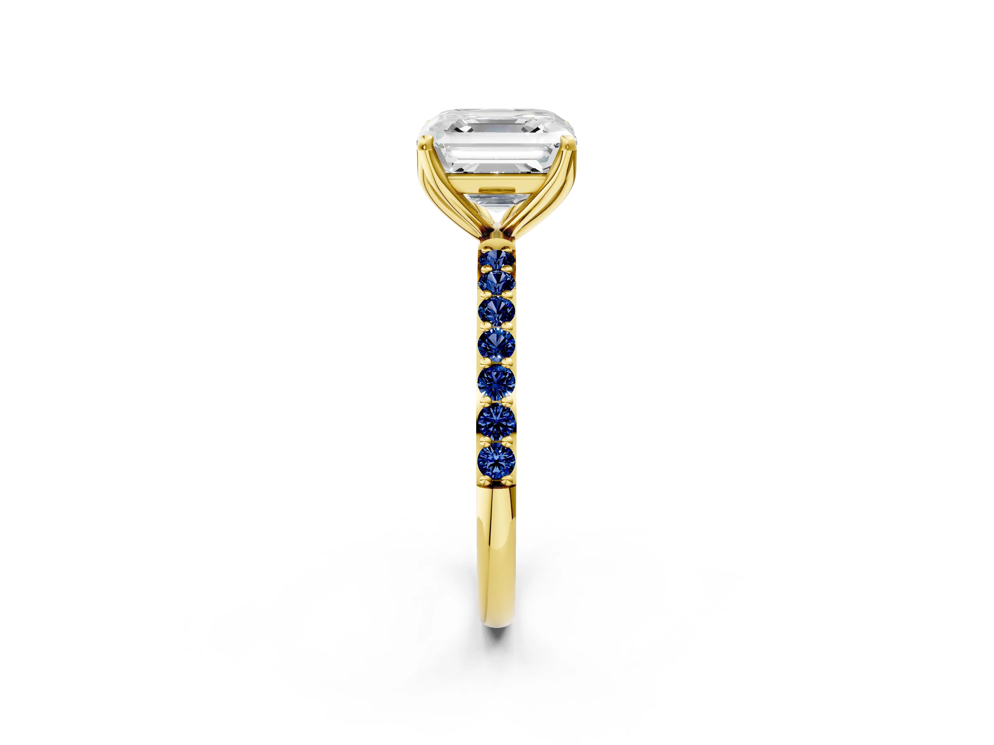 Yellow gold Asscher Cut Diamond Solitaire Engagement Ring with Round with Blue Sapphire side stone Pavé Band and Prong Setting_2