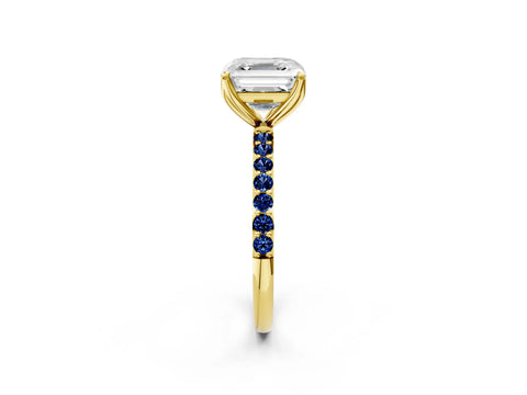 Yellow gold Asscher Cut Diamond Solitaire Engagement Ring with Round with Blue Sapphire side stone Pavé Band and Prong Setting_2