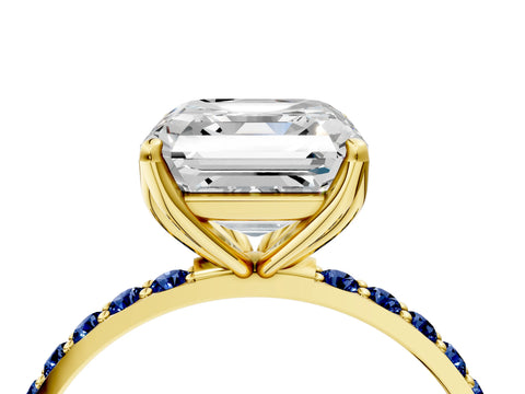 Yellow gold Asscher Cut Diamond Solitaire Engagement Ring with Round with Blue Sapphire side stone Pavé Band and Prong Setting_4