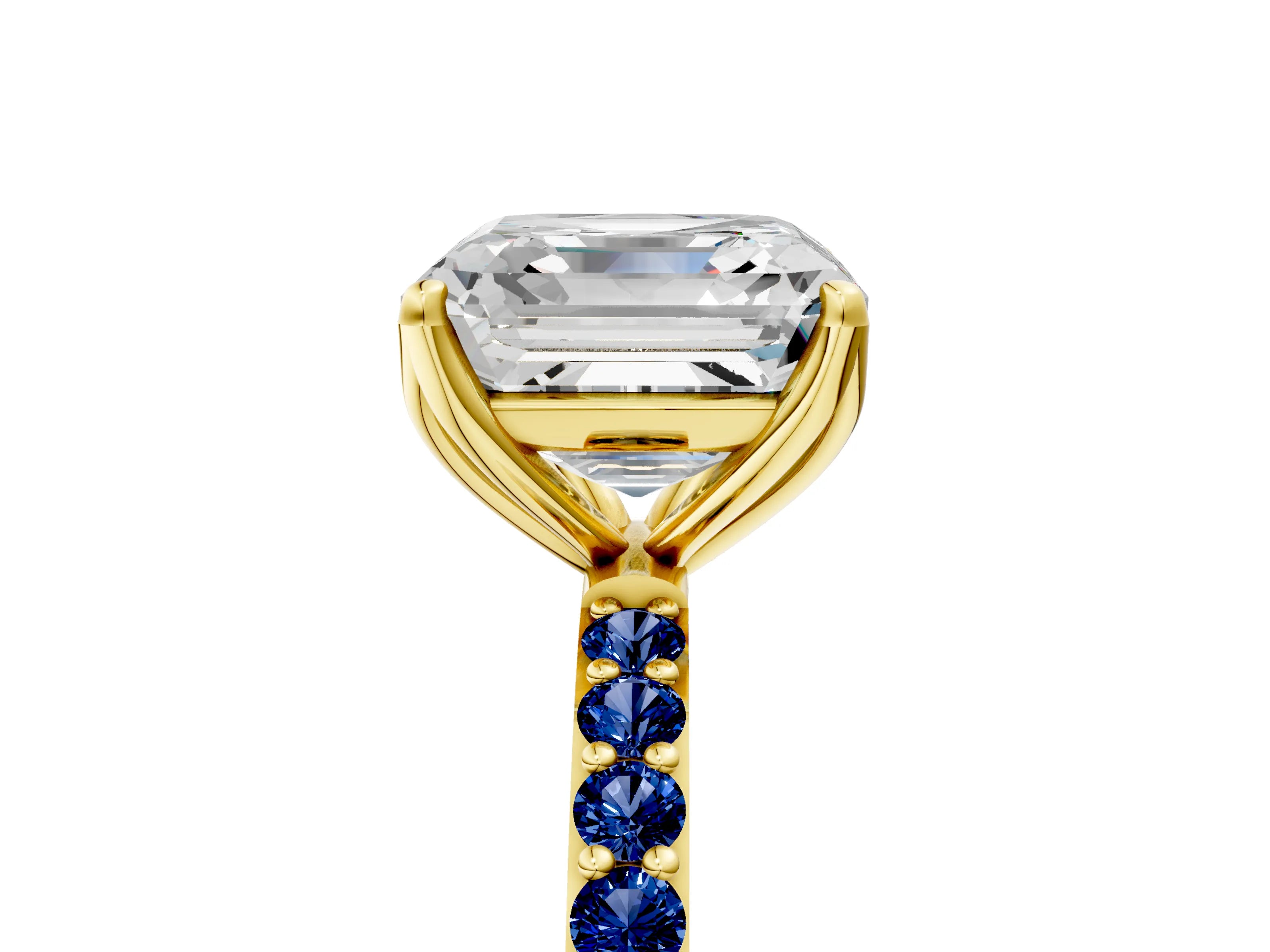 Yellow gold Asscher Cut Diamond Solitaire Engagement Ring with Round with Blue Sapphire side stone Pavé Band and Prong Setting_5