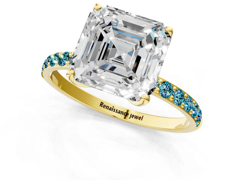 Yellow gold Asscher Cut Diamond Solitaire Engagement Ring with Round with Blue Topaz side stone Pavé Band and Prong Setting_1