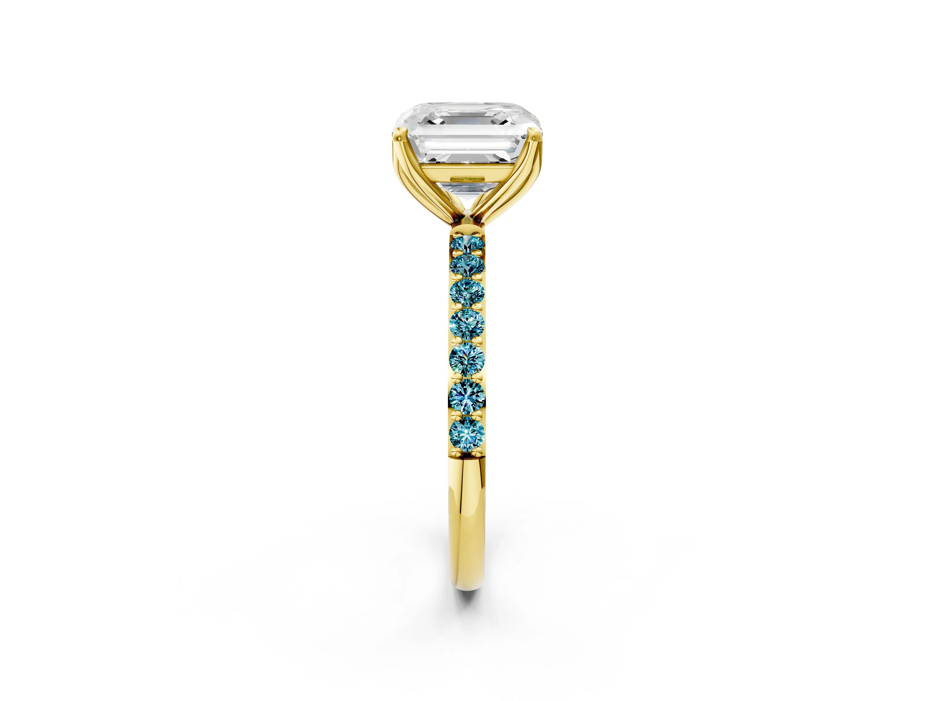 Yellow gold Asscher Cut Diamond Solitaire Engagement Ring with Round with Blue Topaz side stone Pavé Band and Prong Setting_2
