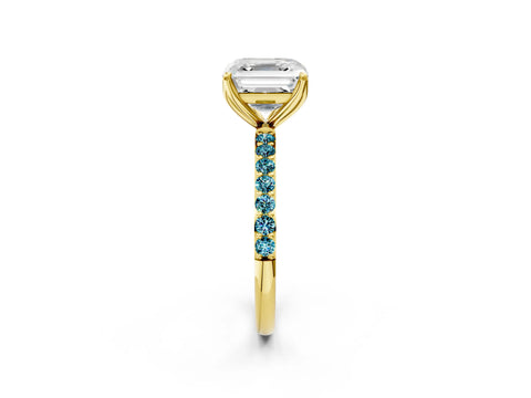 Yellow gold Asscher Cut Diamond Solitaire Engagement Ring with Round with Blue Topaz side stone Pavé Band and Prong Setting_2