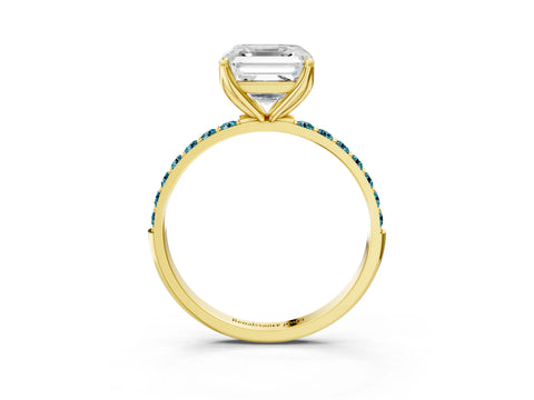 Yellow gold Asscher Cut Diamond Solitaire Engagement Ring with Round with Blue Topaz side stone Pavé Band and Prong Setting_3