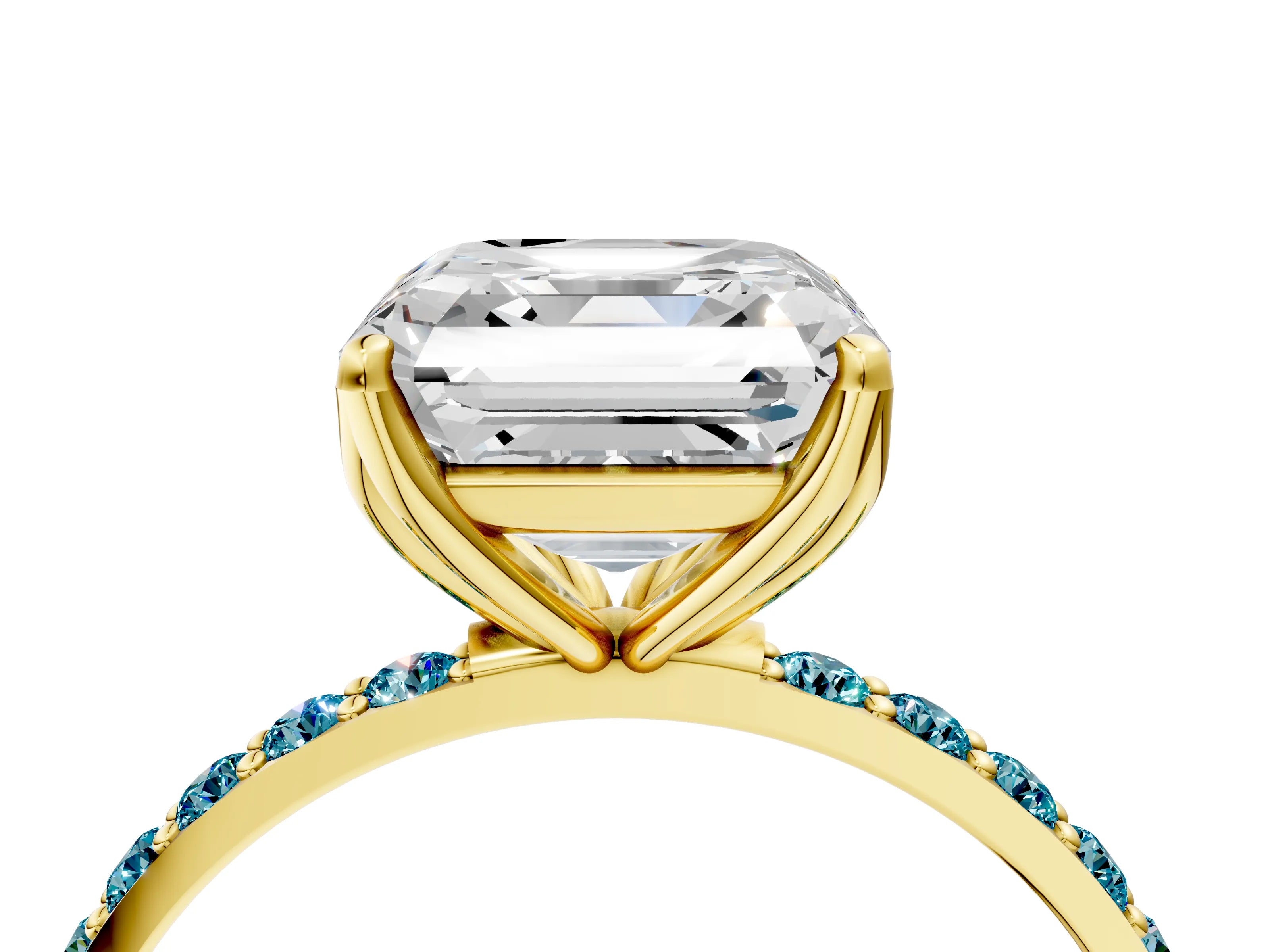 Yellow gold Asscher Cut Diamond Solitaire Engagement Ring with Round with Blue Topaz side stone Pavé Band and Prong Setting_4