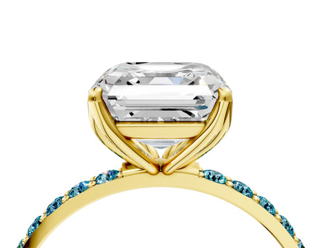 Yellow gold Asscher Cut Diamond Solitaire Engagement Ring with Round with Blue Topaz side stone Pavé Band and Prong Setting_4