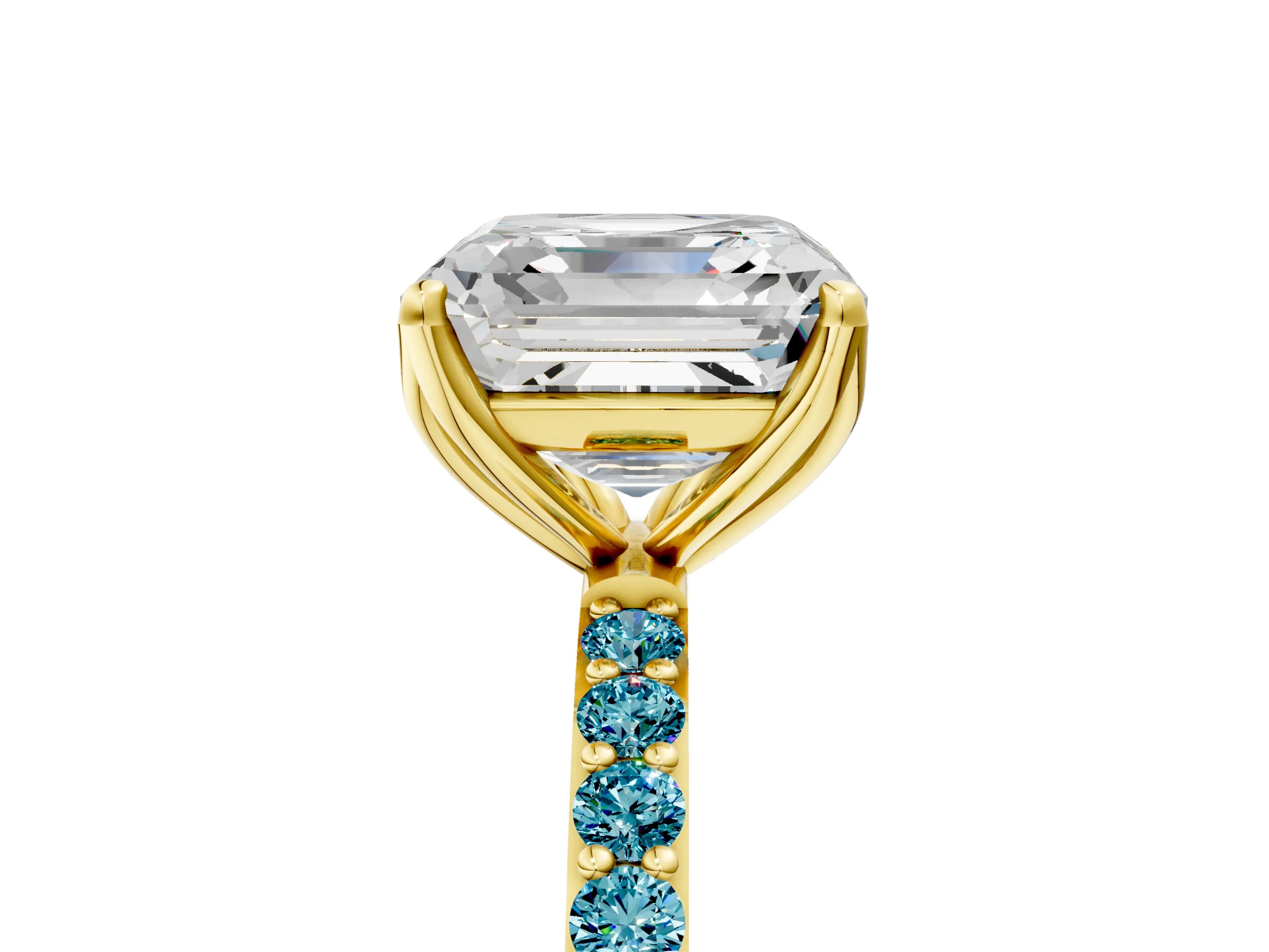 Yellow gold Asscher Cut Diamond Solitaire Engagement Ring with Round with Blue Topaz side stone Pavé Band and Prong Setting_5