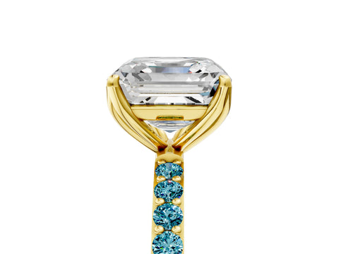 Yellow gold Asscher Cut Diamond Solitaire Engagement Ring with Round with Blue Topaz side stone Pavé Band and Prong Setting_5