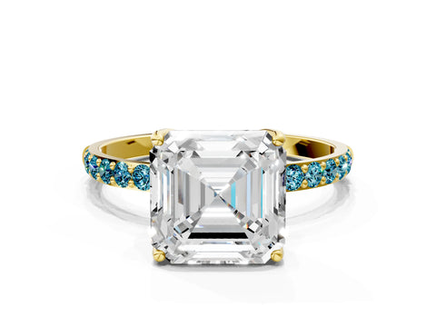 Yellow gold Asscher Cut Diamond Solitaire Engagement Ring with Round with Blue Topaz side stone Pavé Band and Prong Setting