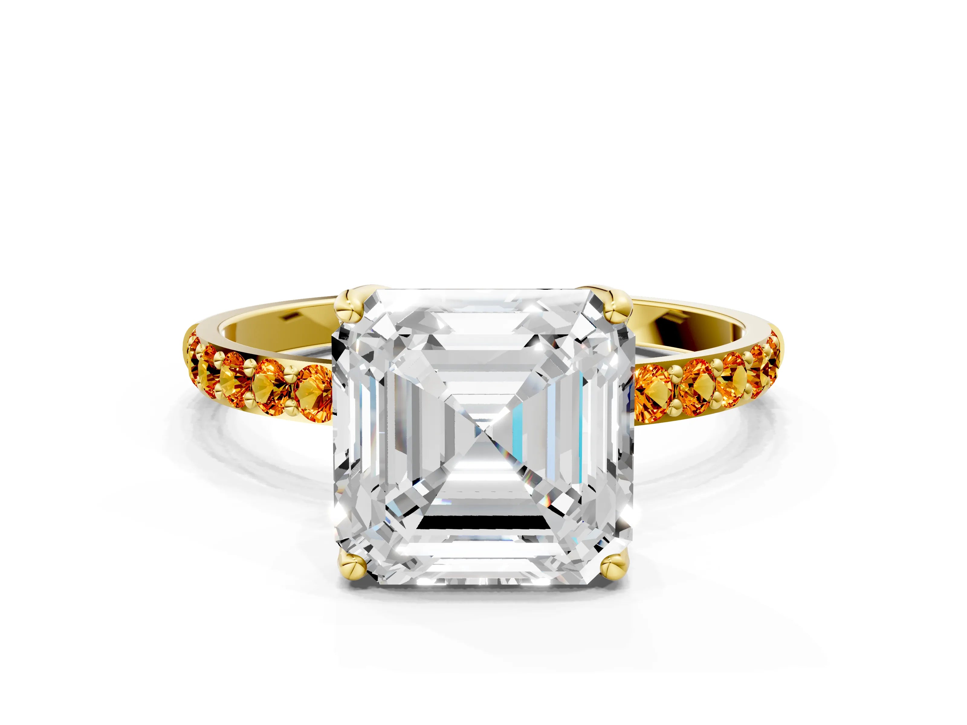 Yellow gold Asscher Cut Diamond Solitaire Engagement Ring with Round with Citrine side stone Pavé Band and Prong Setting