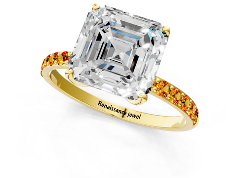 Yellow gold Asscher Cut Diamond Solitaire Engagement Ring with Round with Citrine side stone Pavé Band and Prong Setting_1