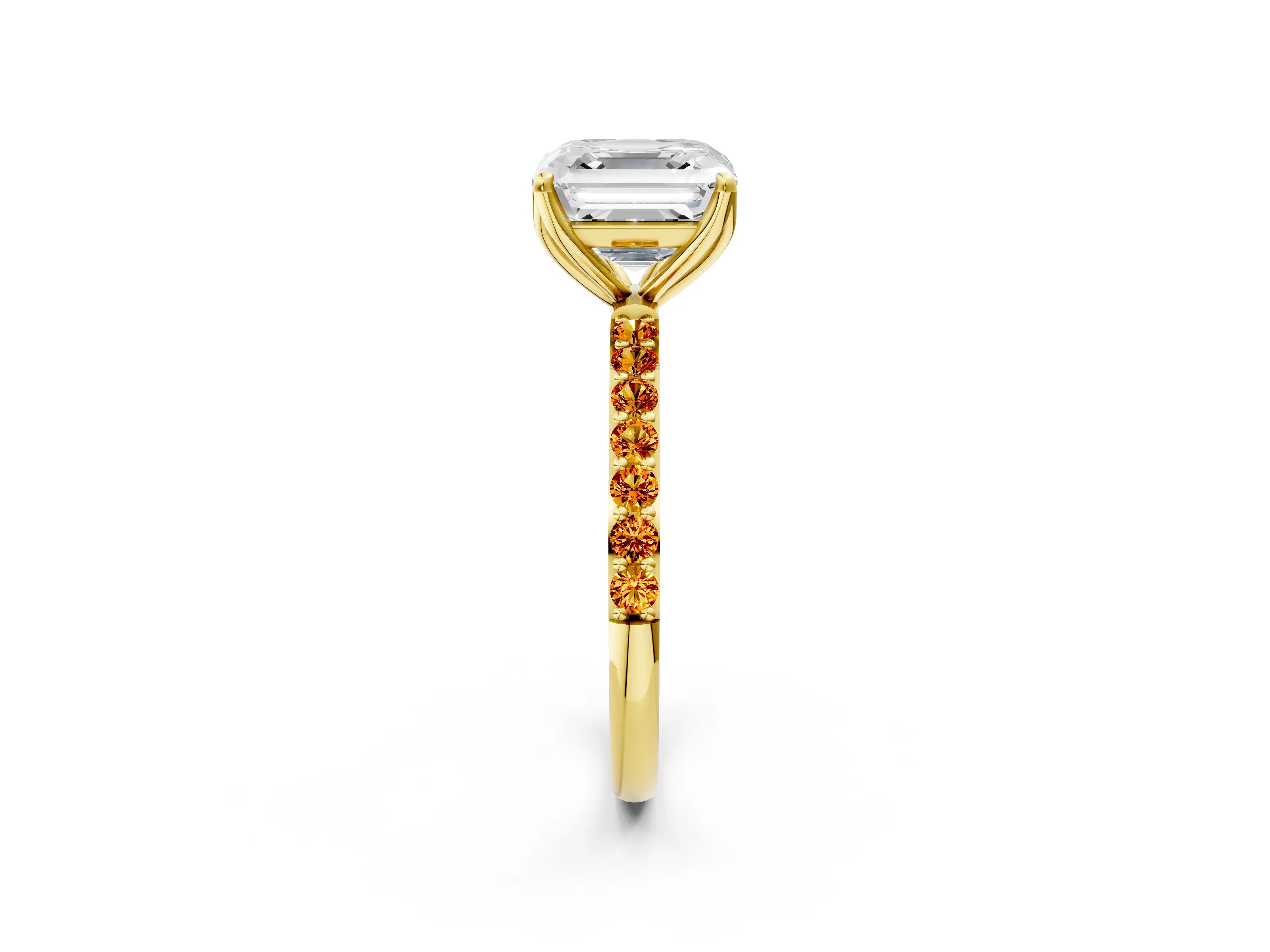Yellow gold Asscher Cut Diamond Solitaire Engagement Ring with Round with Citrine side stone Pavé Band and Prong Setting_2
