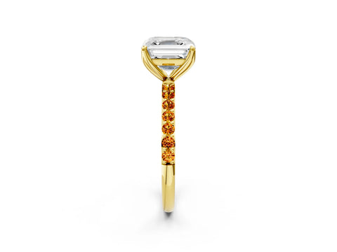 Yellow gold Asscher Cut Diamond Solitaire Engagement Ring with Round with Citrine side stone Pavé Band and Prong Setting_2