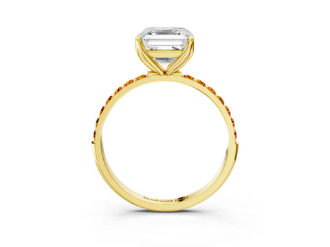 Yellow gold Asscher Cut Diamond Solitaire Engagement Ring with Round with Citrine side stone Pavé Band and Prong Setting_3