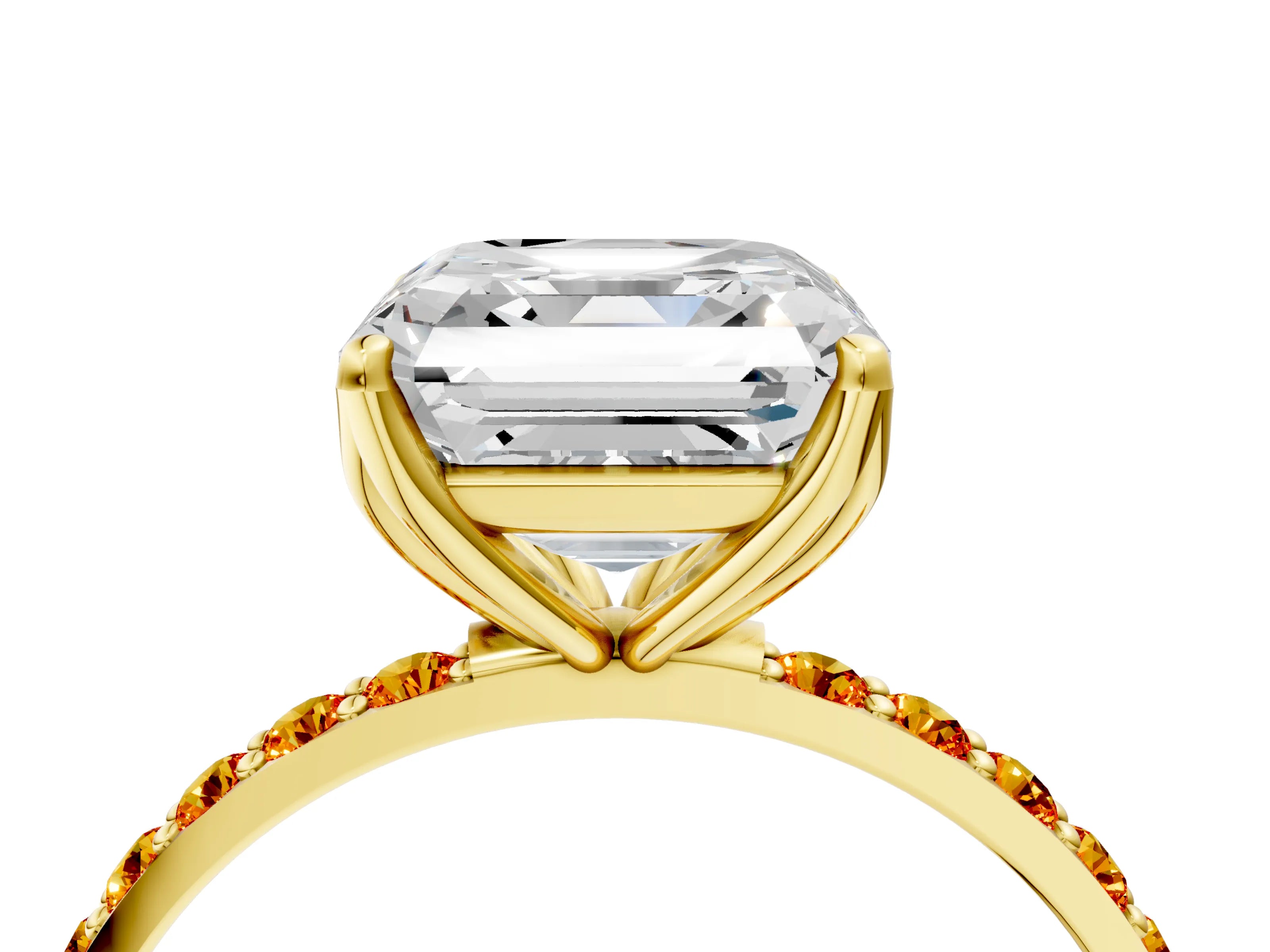 Yellow gold Asscher Cut Diamond Solitaire Engagement Ring with Round with Citrine side stone Pavé Band and Prong Setting_4