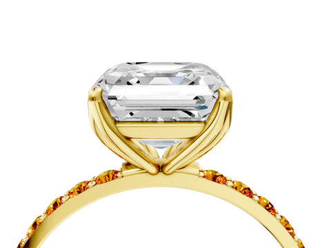 Yellow gold Asscher Cut Diamond Solitaire Engagement Ring with Round with Citrine side stone Pavé Band and Prong Setting_4