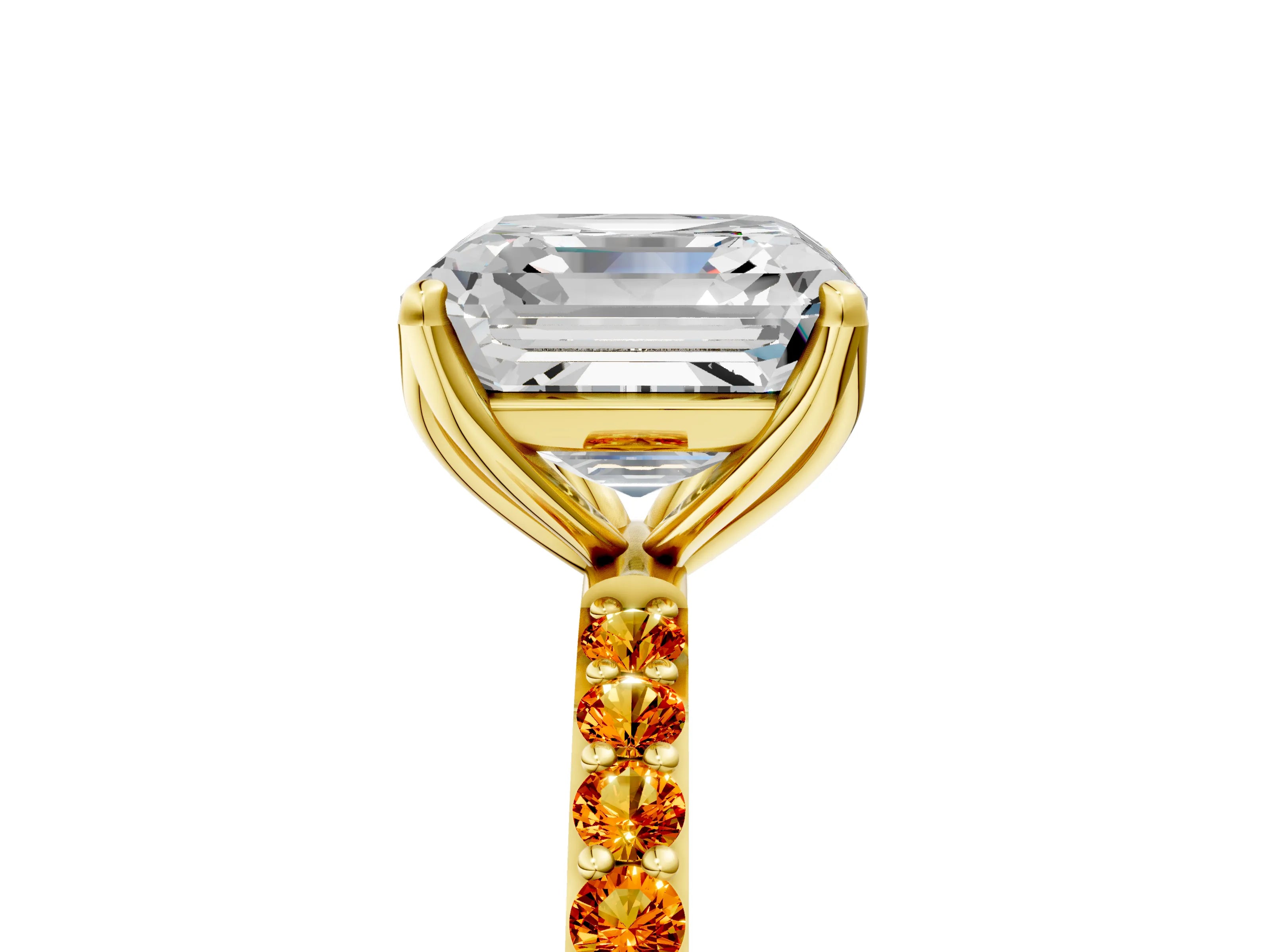 Yellow gold Asscher Cut Diamond Solitaire Engagement Ring with Round with Citrine side stone Pavé Band and Prong Setting_5