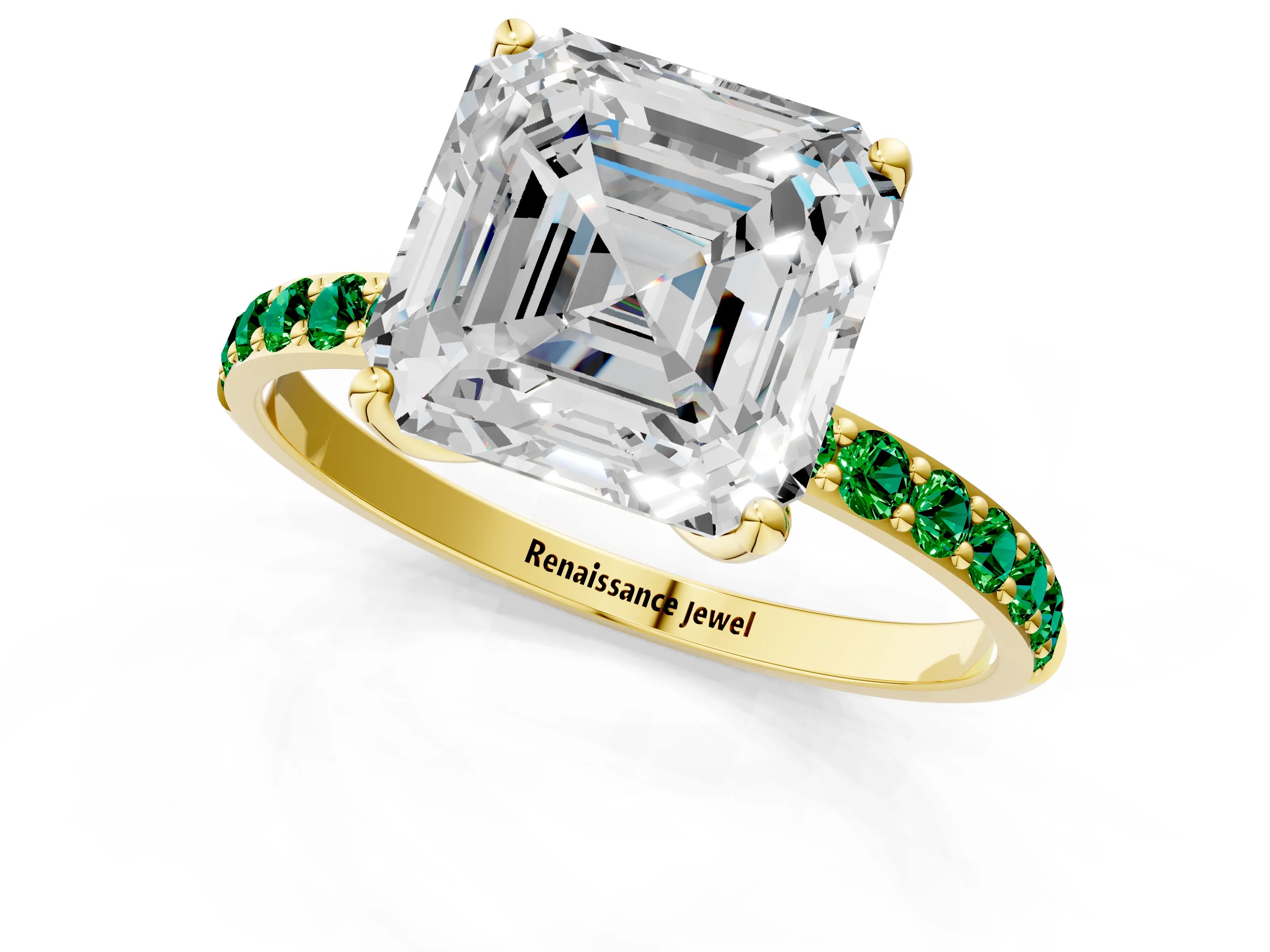 Yellow gold Asscher Cut Diamond Solitaire Engagement Ring with Round with Emerald side stone Pavé Band and Prong Setting_1