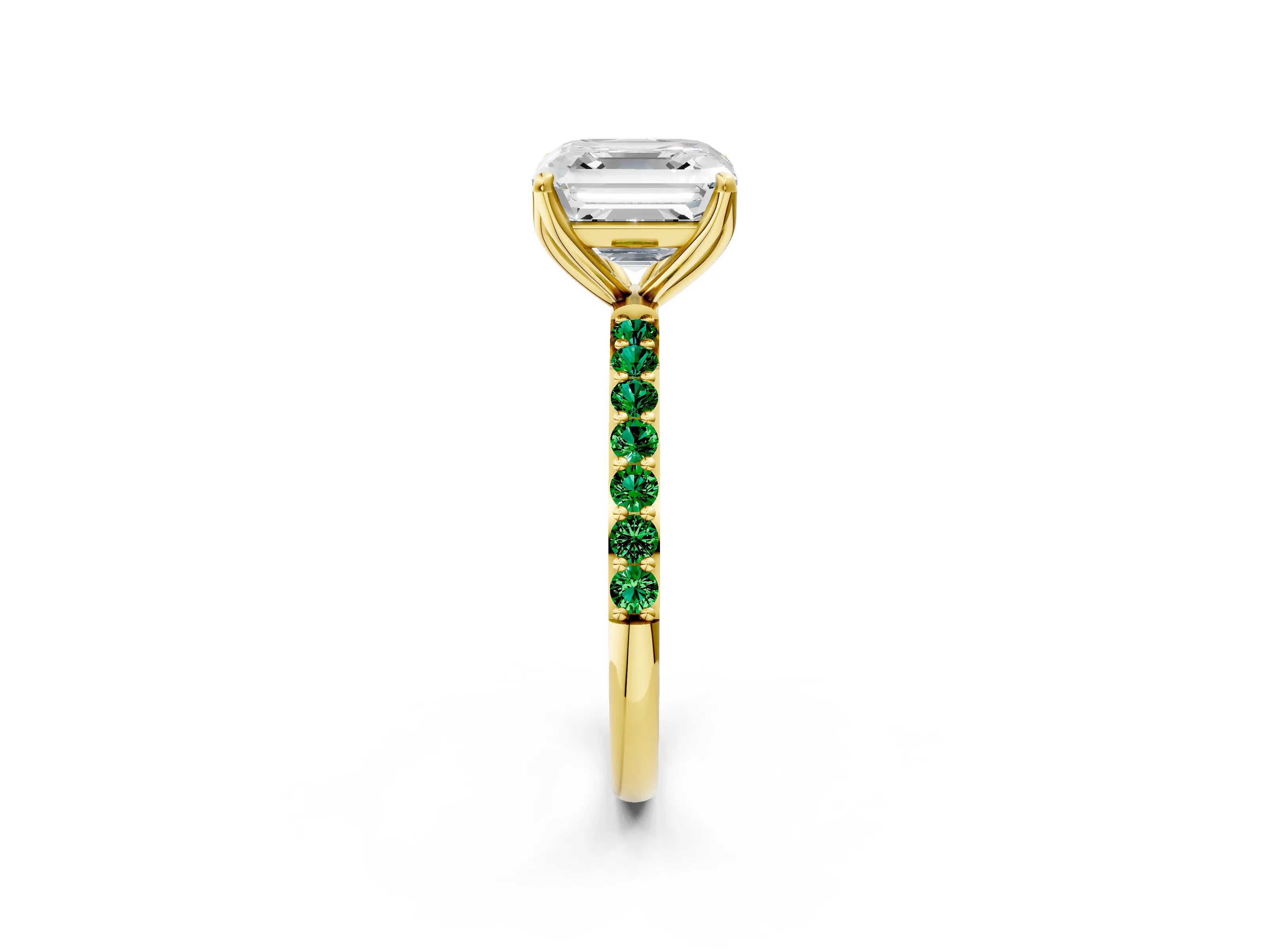 Yellow gold Asscher Cut Diamond Solitaire Engagement Ring with Round with Emerald side stone Pavé Band and Prong Setting_2
