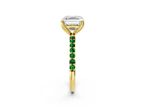 Yellow gold Asscher Cut Diamond Solitaire Engagement Ring with Round with Emerald side stone Pavé Band and Prong Setting_2