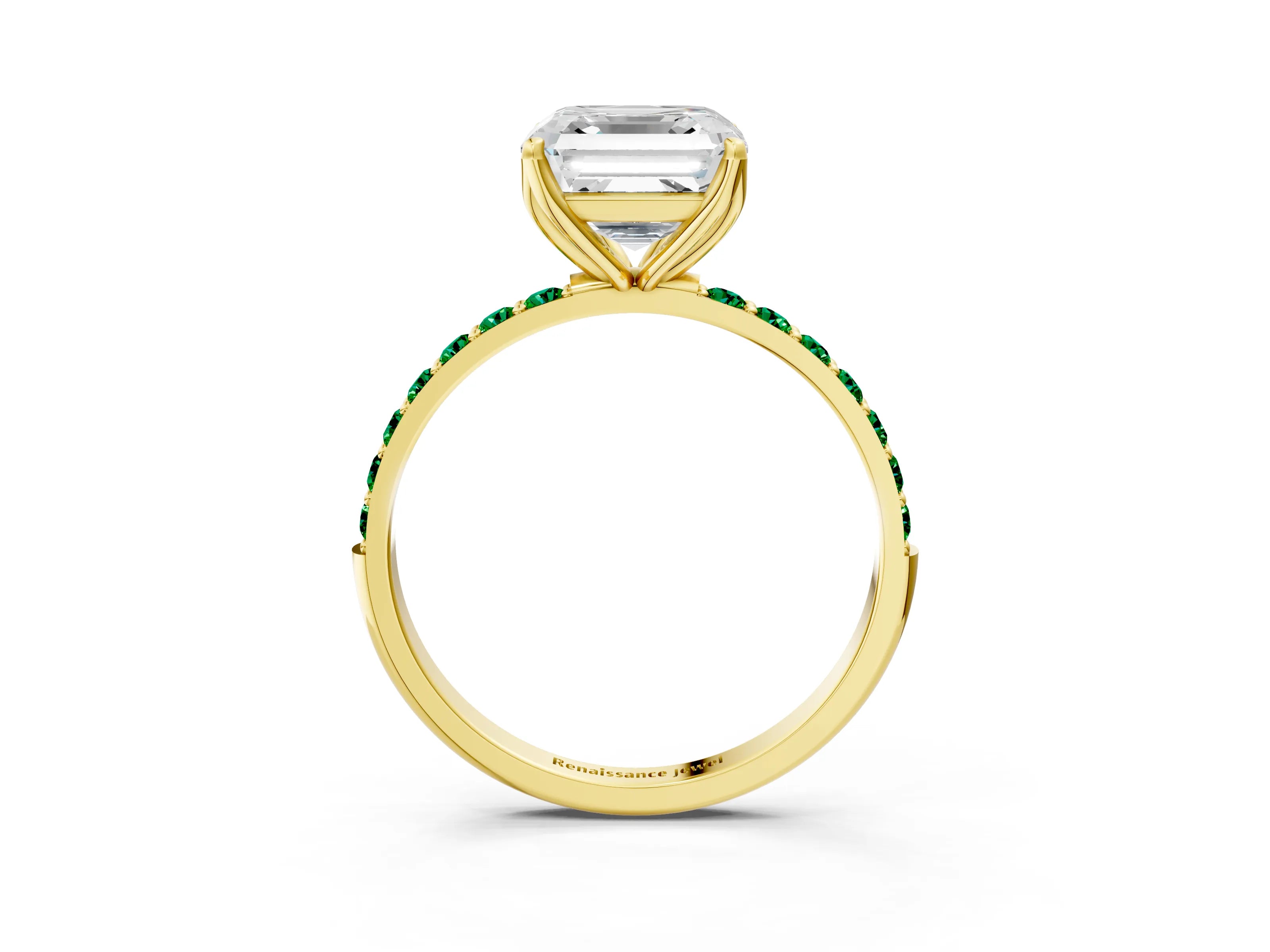 Yellow gold Asscher Cut Diamond Solitaire Engagement Ring with Round with Emerald side stone Pavé Band and Prong Setting_3