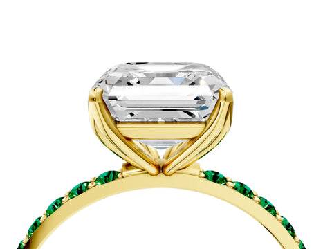 Yellow gold Asscher Cut Diamond Solitaire Engagement Ring with Round with Emerald side stone Pavé Band and Prong Setting_4