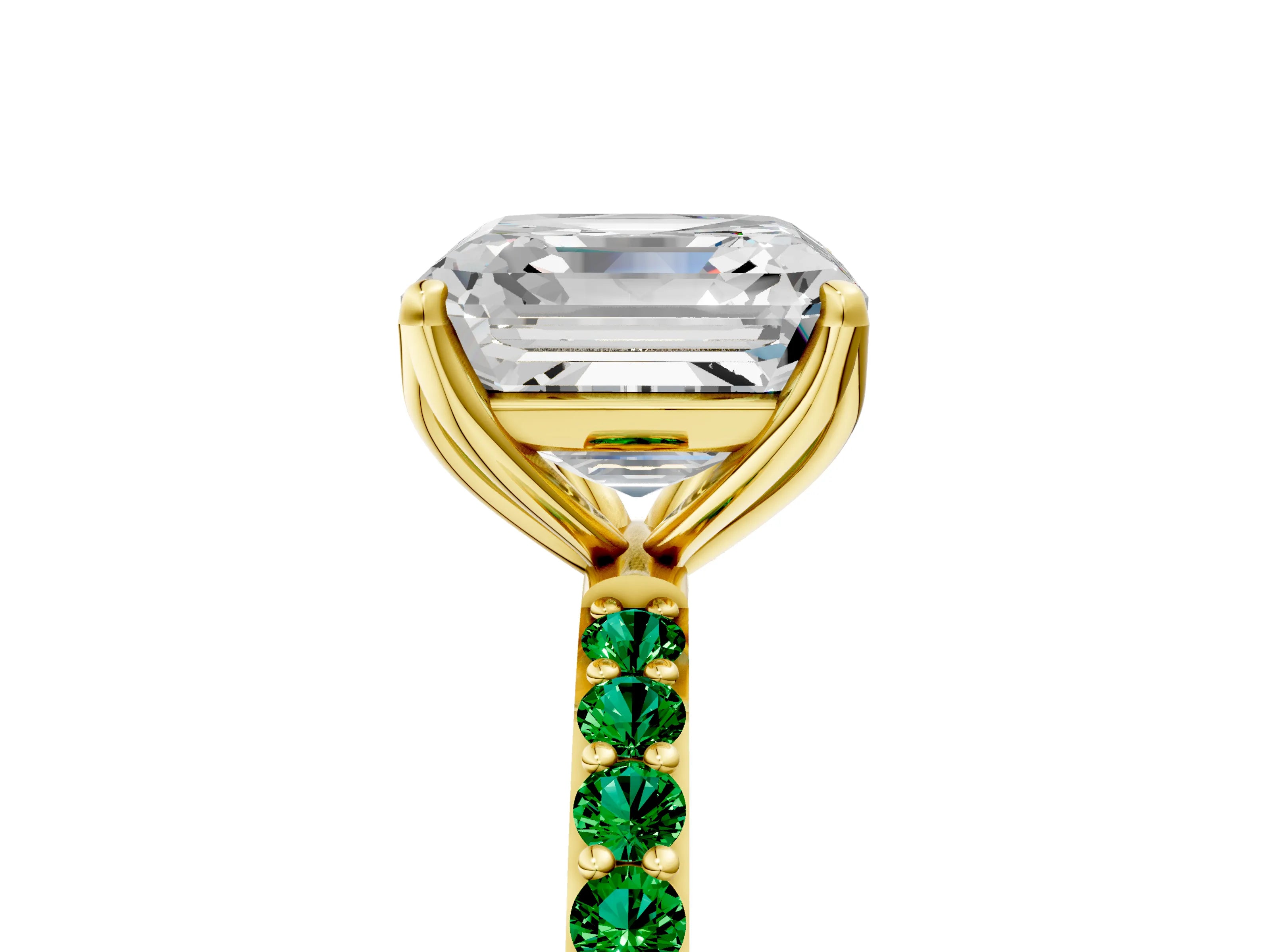 Yellow gold Asscher Cut Diamond Solitaire Engagement Ring with Round with Emerald side stone Pavé Band and Prong Setting_5