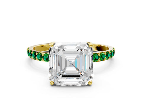 Yellow gold Asscher Cut Diamond Solitaire Engagement Ring with Round with Emerald side stone Pavé Band and Prong Setting