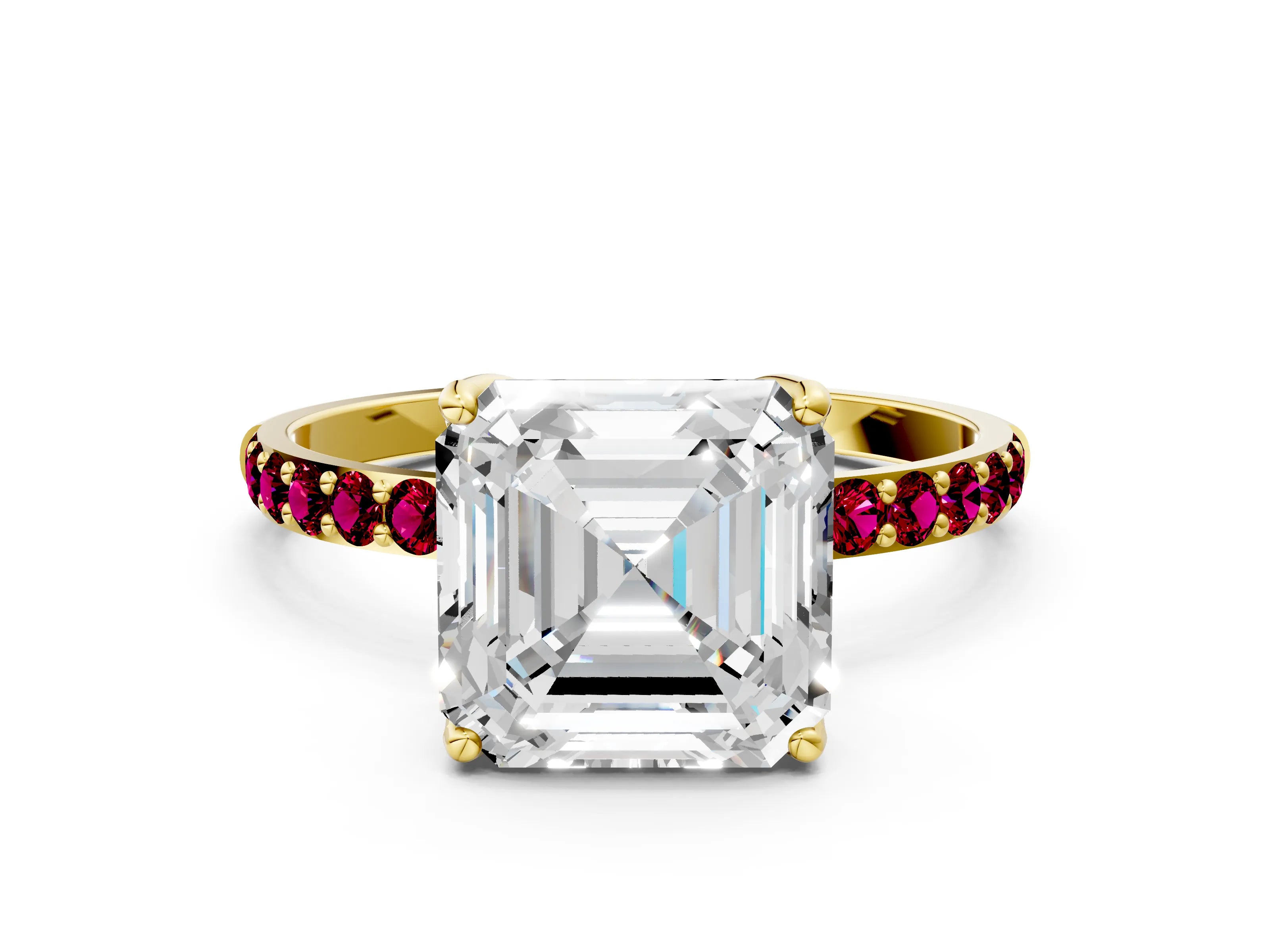 Yellow gold Asscher Cut Diamond Solitaire Engagement Ring with Round with Garnet side stone Pavé Band and Prong Setting